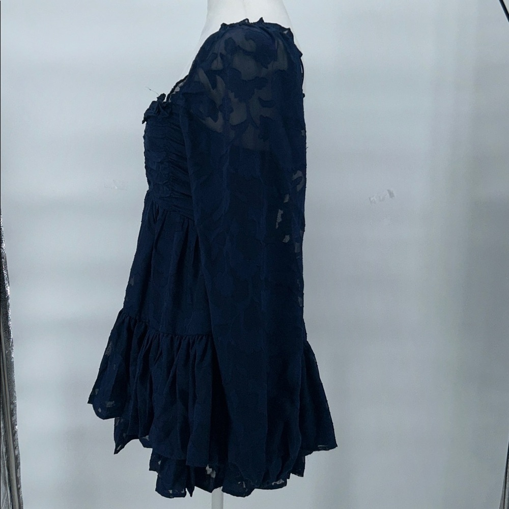 Altar'd State Clairyn Tiered Square Neck Ruffle Long-Sleeve Mini Dress Navy XS - Picture 7 of 13